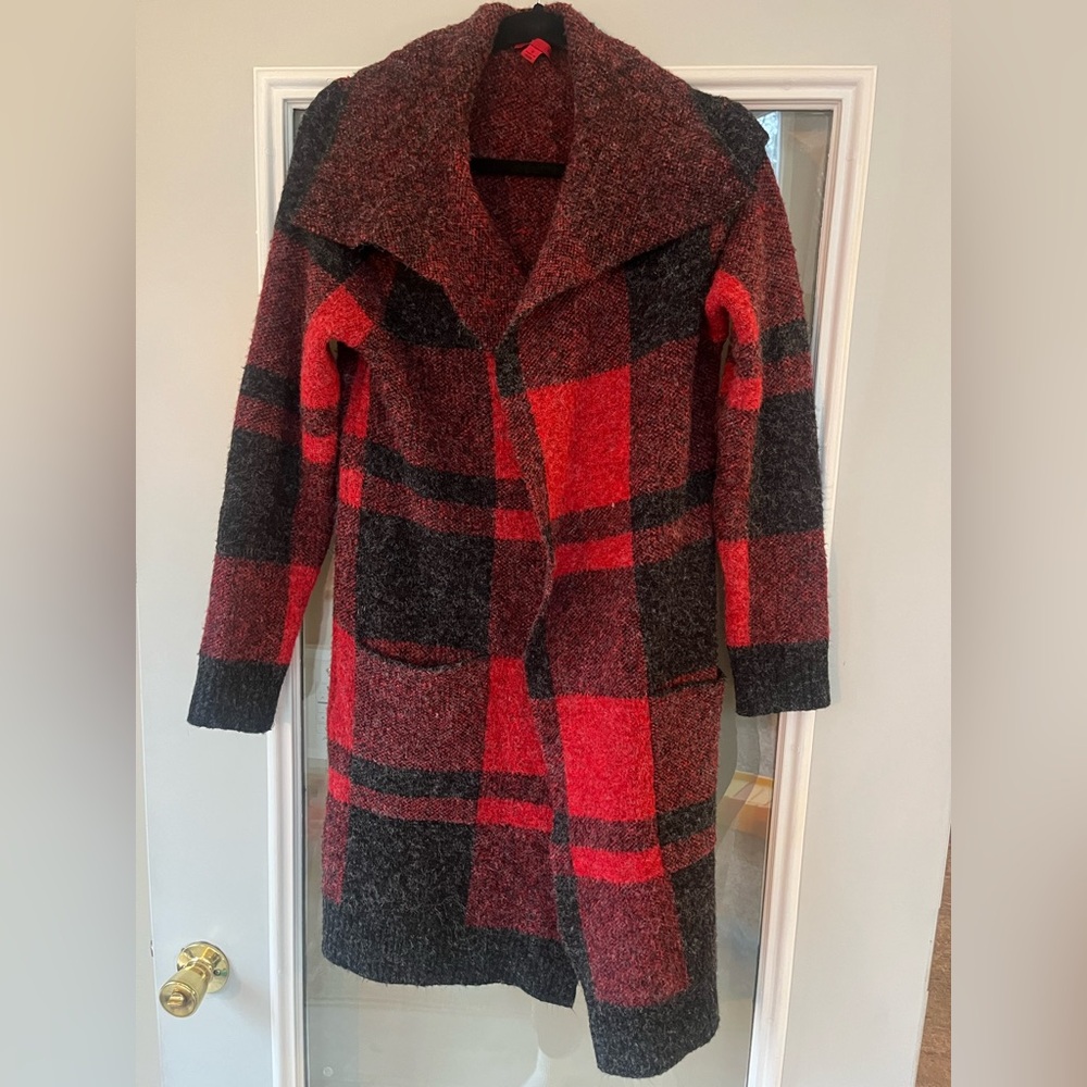 Red and Black Plaid Long Coat